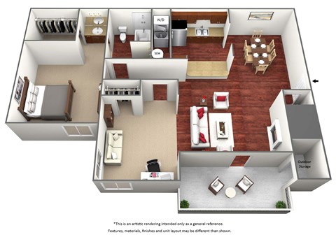 Floor plan for 1 bed, 1 bath, 858 sqft